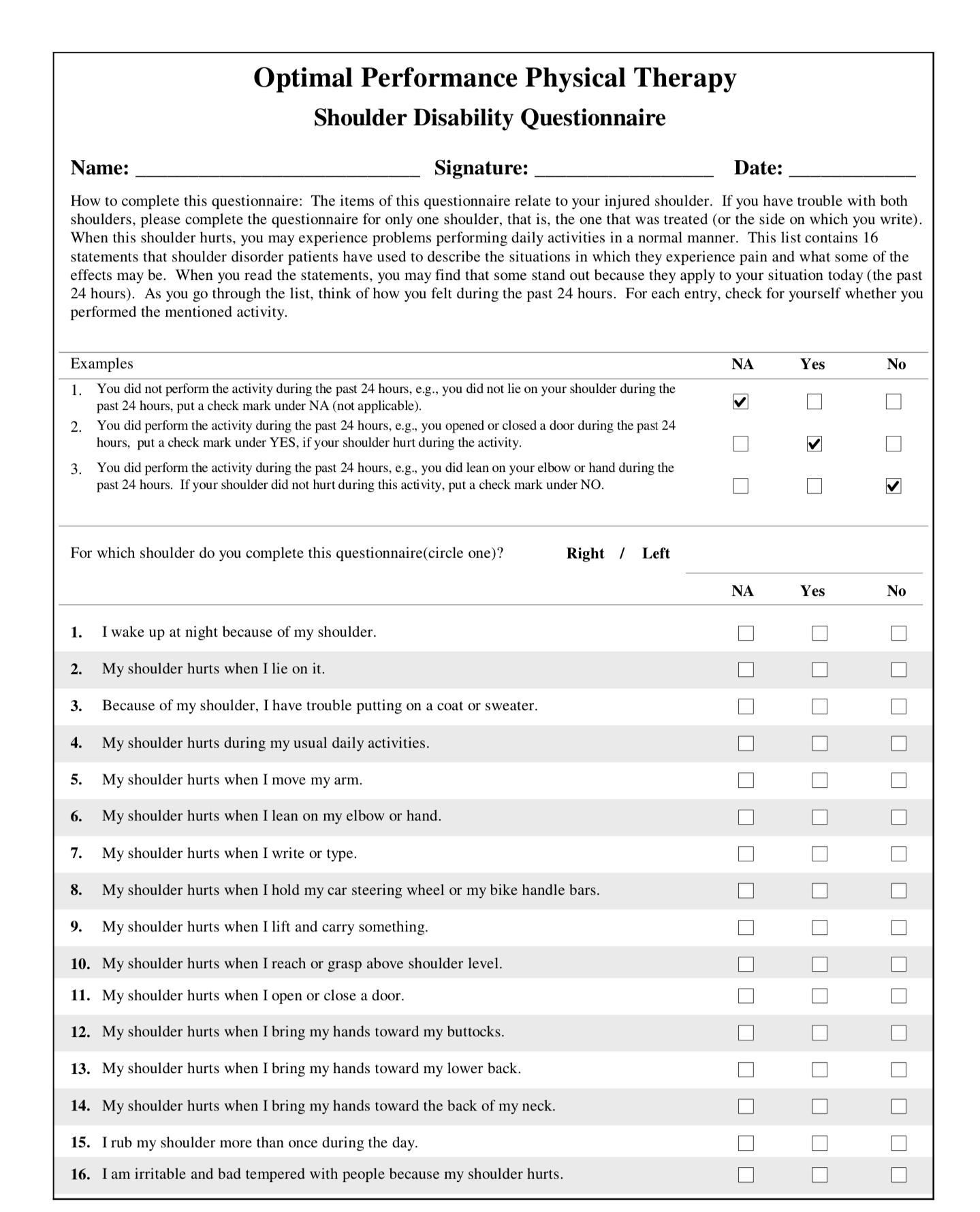 Shoulder Disability Questionnaire