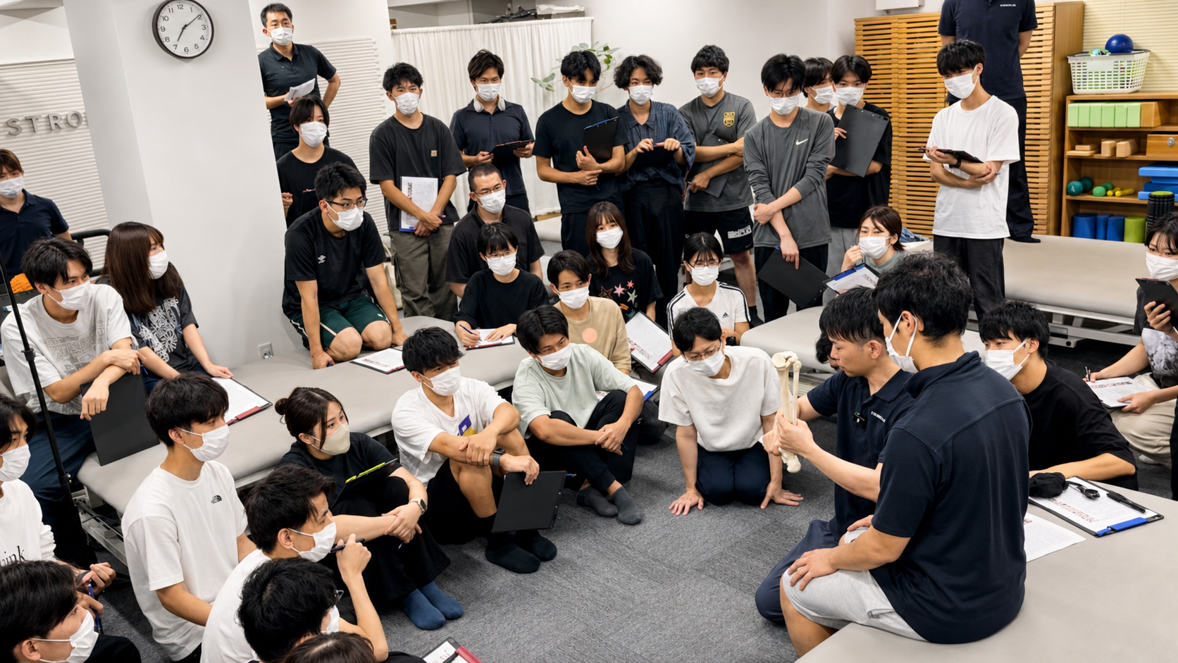 塾生に囲まれながら実技指導をする代表