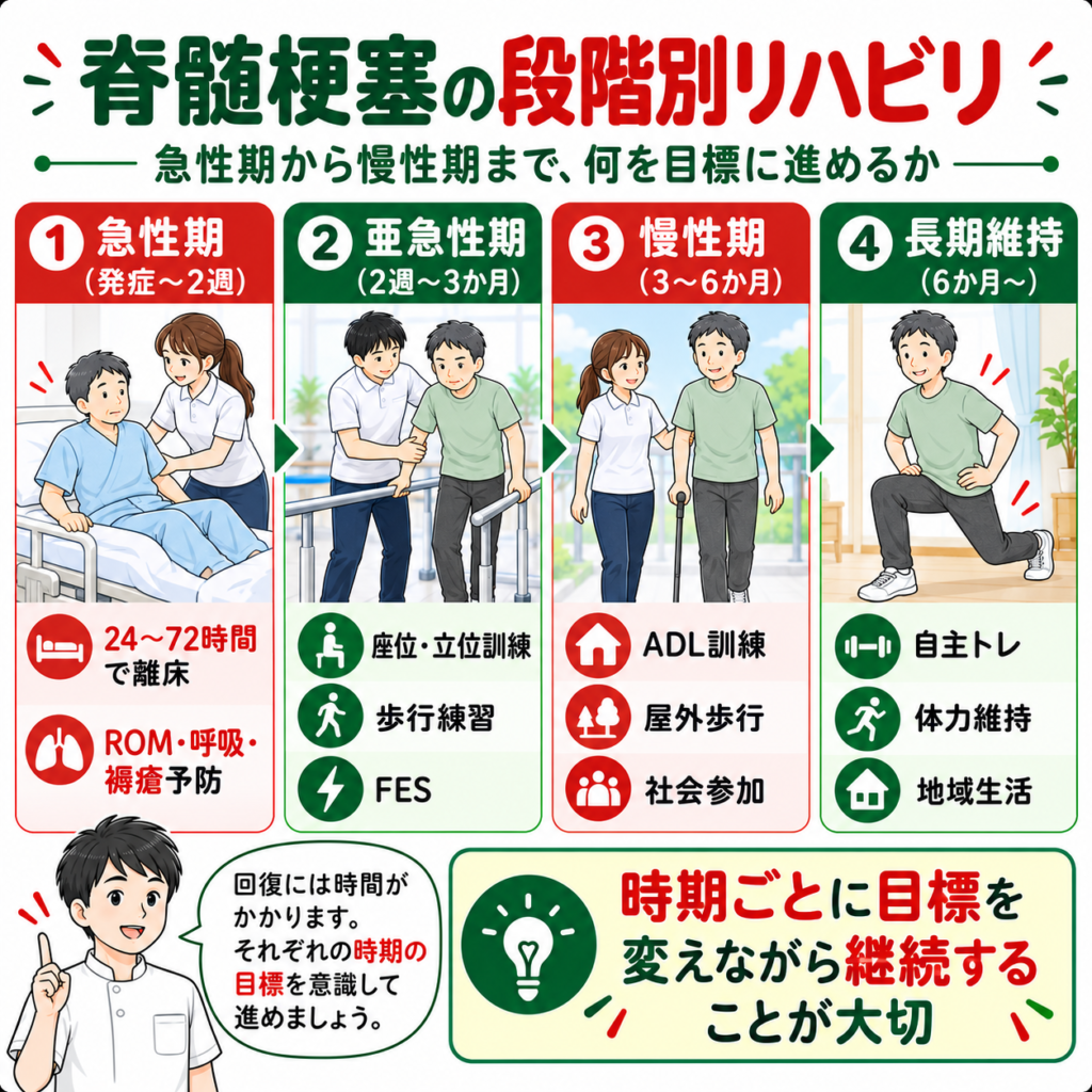 脊髄梗塞リハビリの段階別プログラム(急性期・亜急性期・慢性期・長期維持)の流れを示した図解