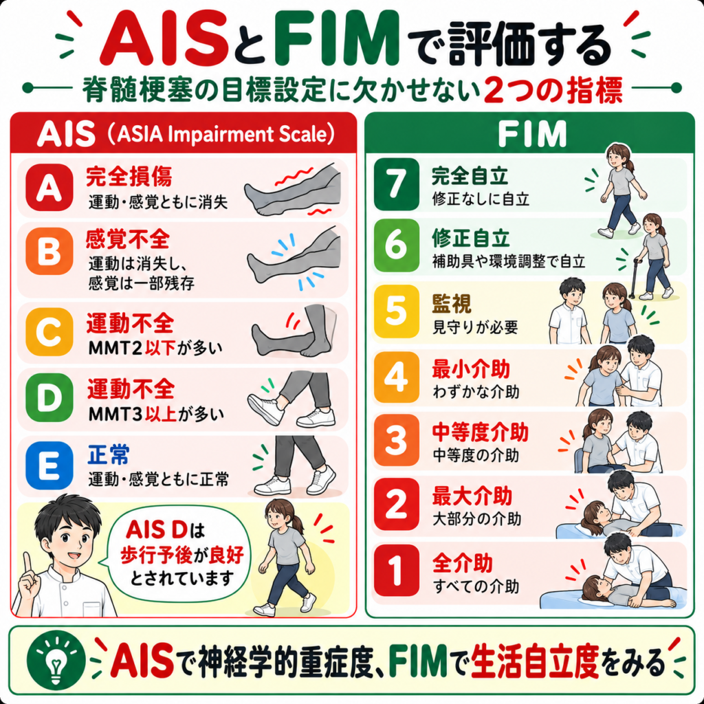 脊髄梗塞の機能評価に用いるASIA障害スケール(AIS)とFIMの概要を示した図解