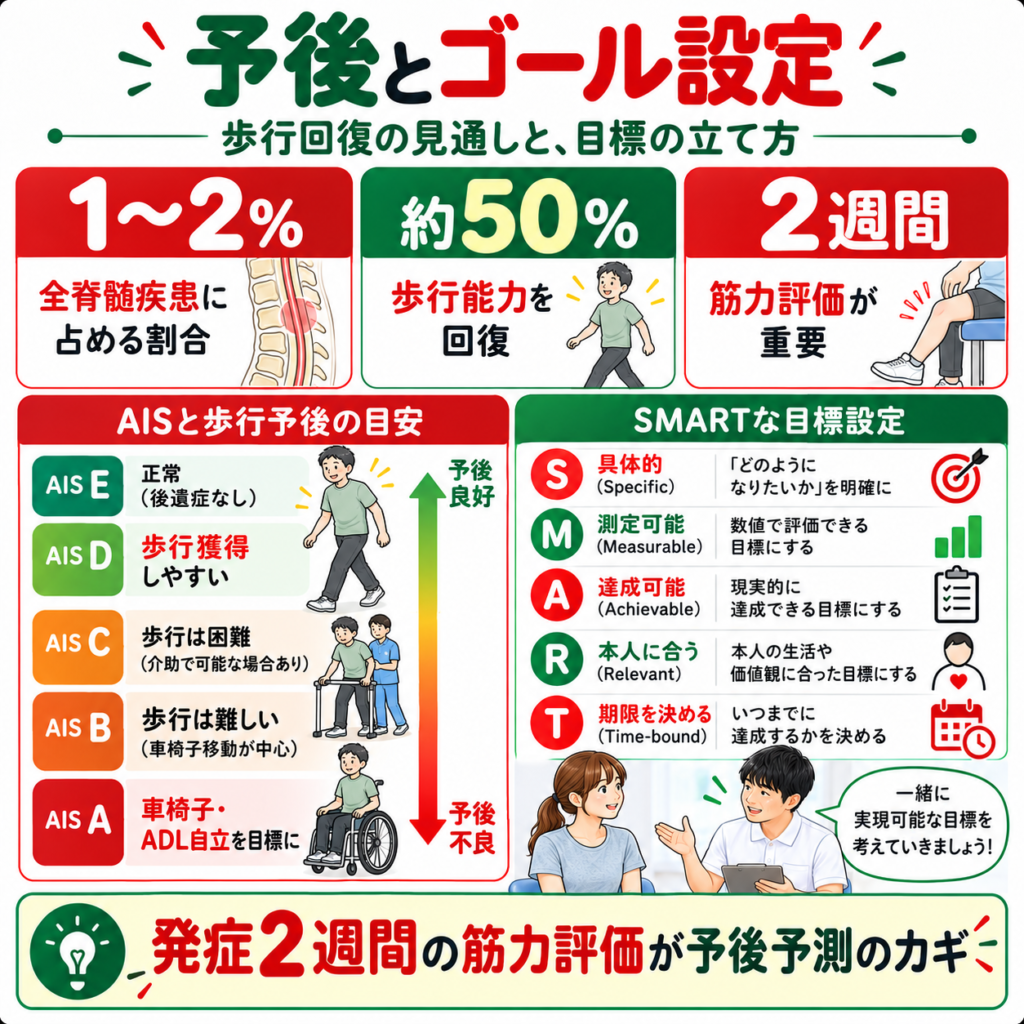脊髄梗塞の予後とゴール設定を示した図解。発症2週間の筋力とAISグレードから歩行回復の見通しを立てる