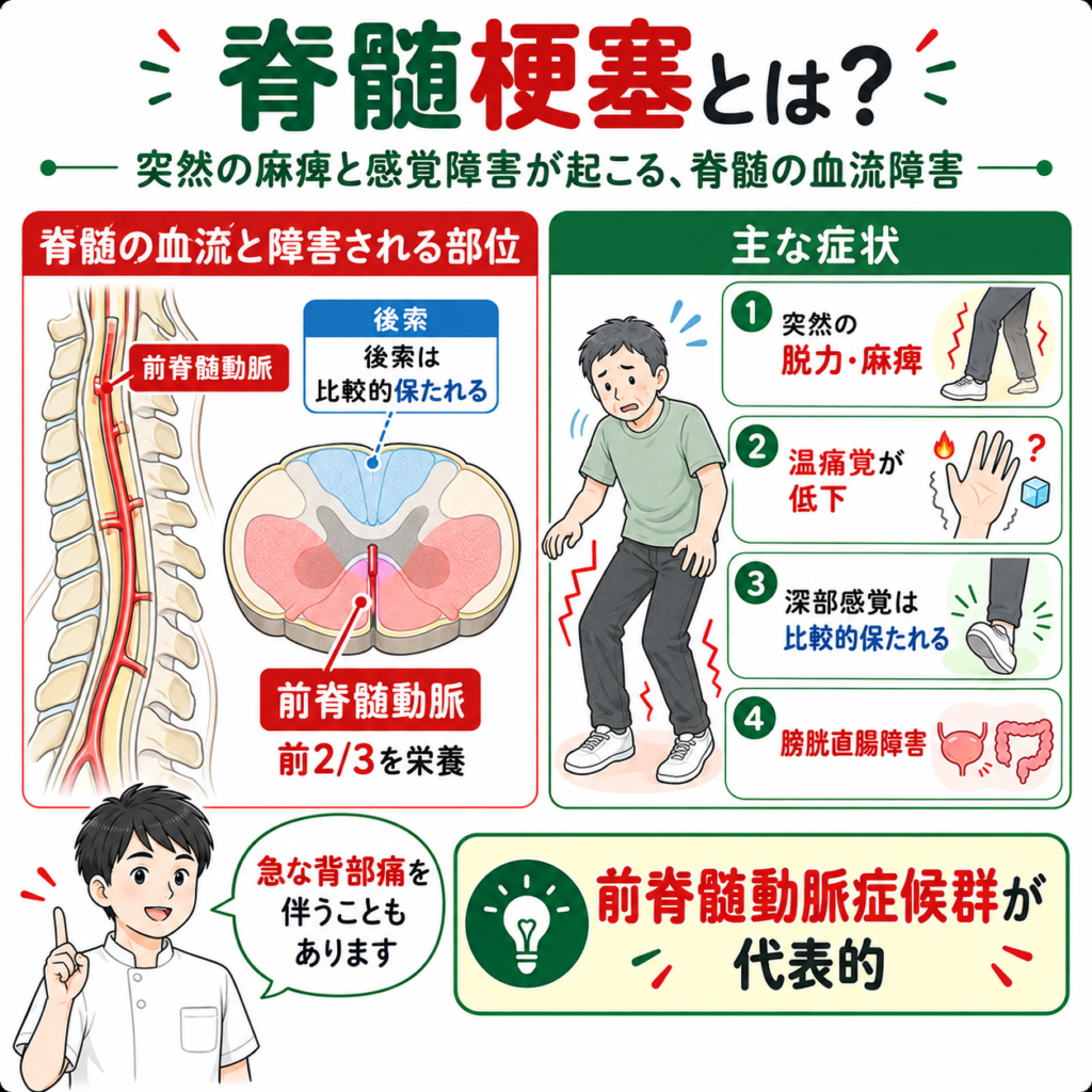 脊髄梗塞の概要を示した図解。脊髄の血管が閉塞して虚血が起こり、麻痺・感覚障害・膀胱直腸障害が突然出現する