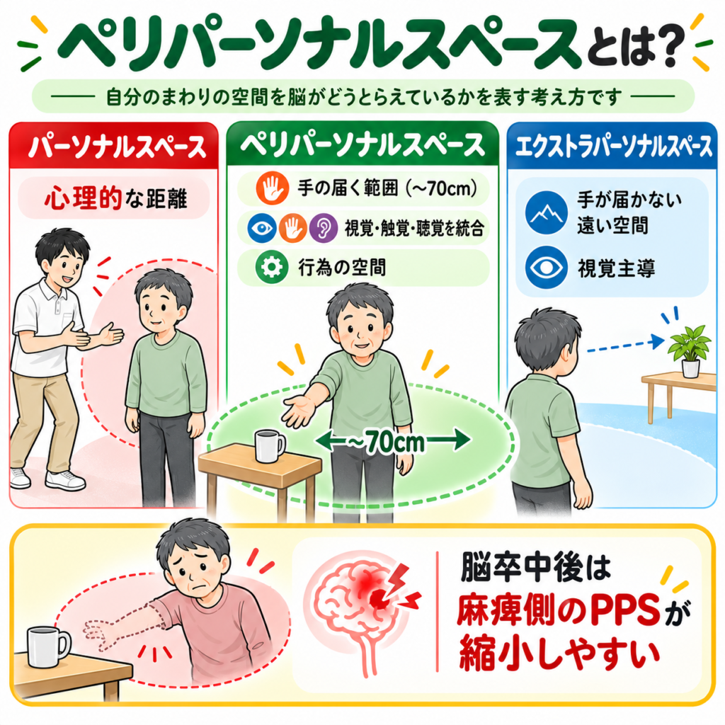 身体を中心に、パーソナルスペース・ペリパーソナルスペース(手が届く範囲)・エクストラパーソナルスペース(手が届かない遠距離)の3つの空間を示した図解