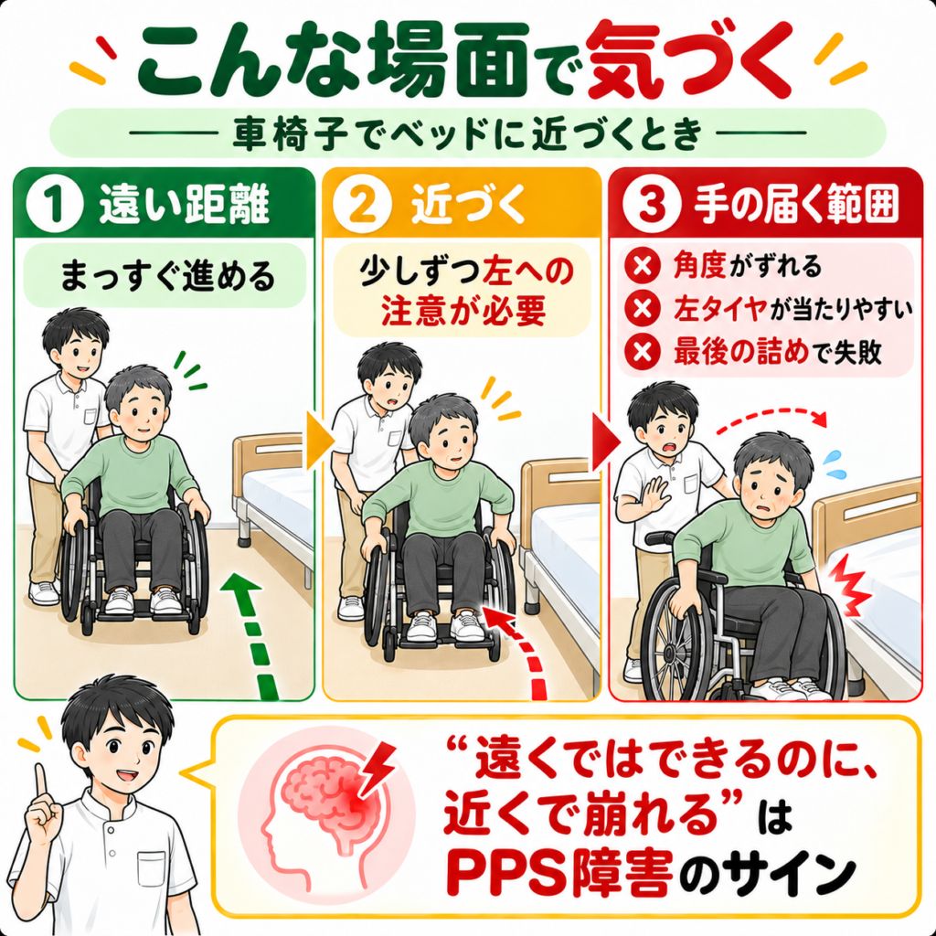 左片麻痺の患者が車椅子でベッドに近づく場面の図解。離れた位置では問題ないが、手が届く範囲に入ると角度がずれたり左側をぶつけたりする