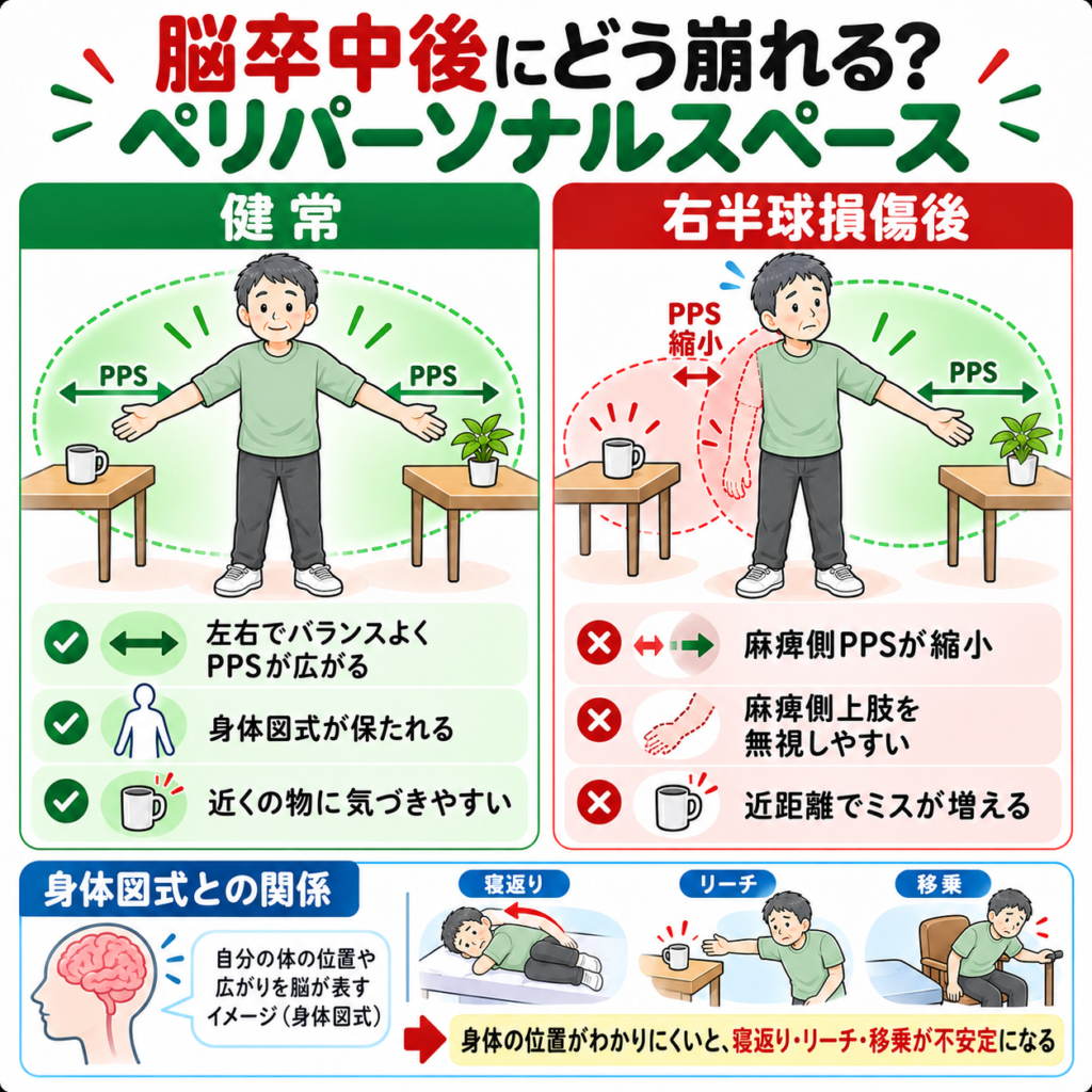 右半球損傷で生じる主な症状(左半側空間無視・病態失認・注意障害など)をまとめた図解