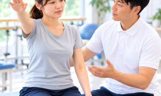 上肢挙上時の予測的姿勢制御APAを評価するセラピストと患者
