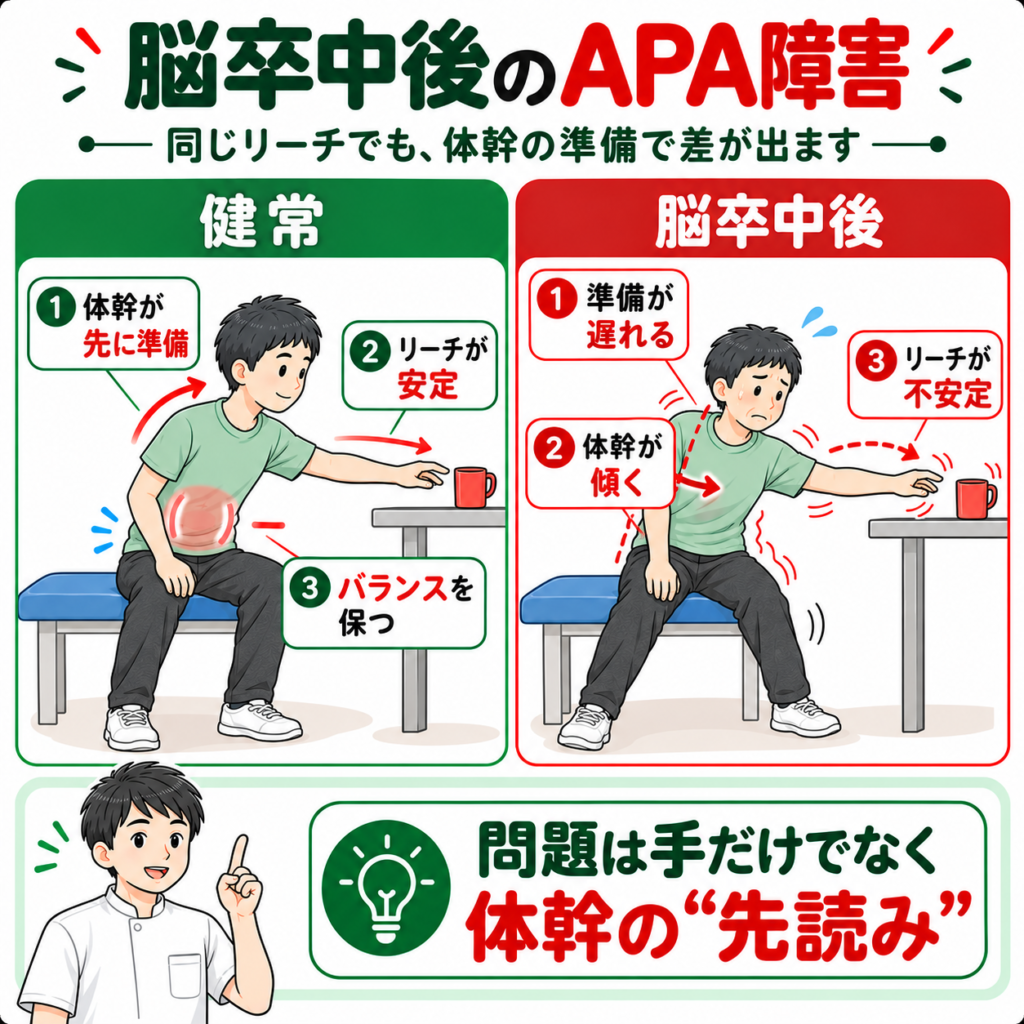 脳卒中後のAPA障害と健常者のリーチ動作・体幹安定性の比較