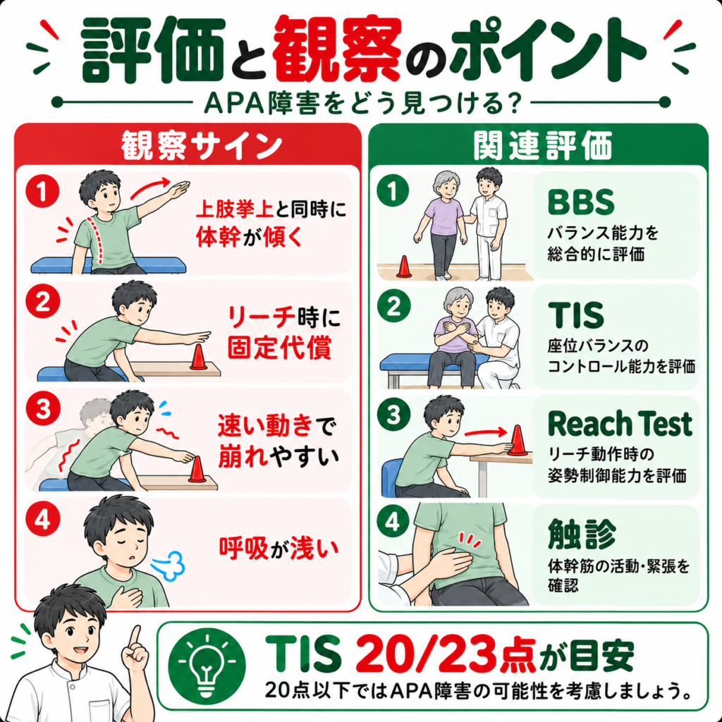 APA障害の観察サインとBBS・TIS・Reach Test・触診による評価ポイント