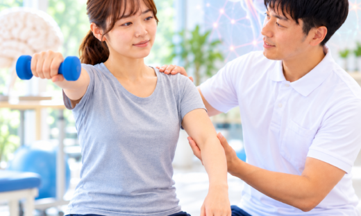 脳卒中後の再生医療とリハビリを行う患者と理学療法士