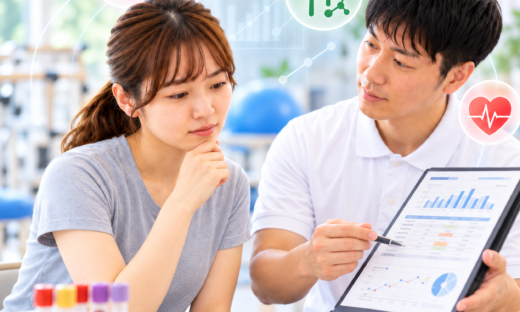 血液検査データを確認しながら脳卒中後のリハビリ方針を相談する患者と理学療法士