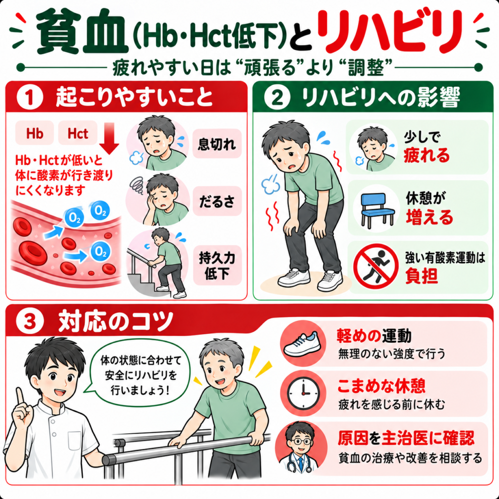 ヘモグロビンとヘマトクリット低下による貧血がリハビリ中の疲労や息切れに与える影響