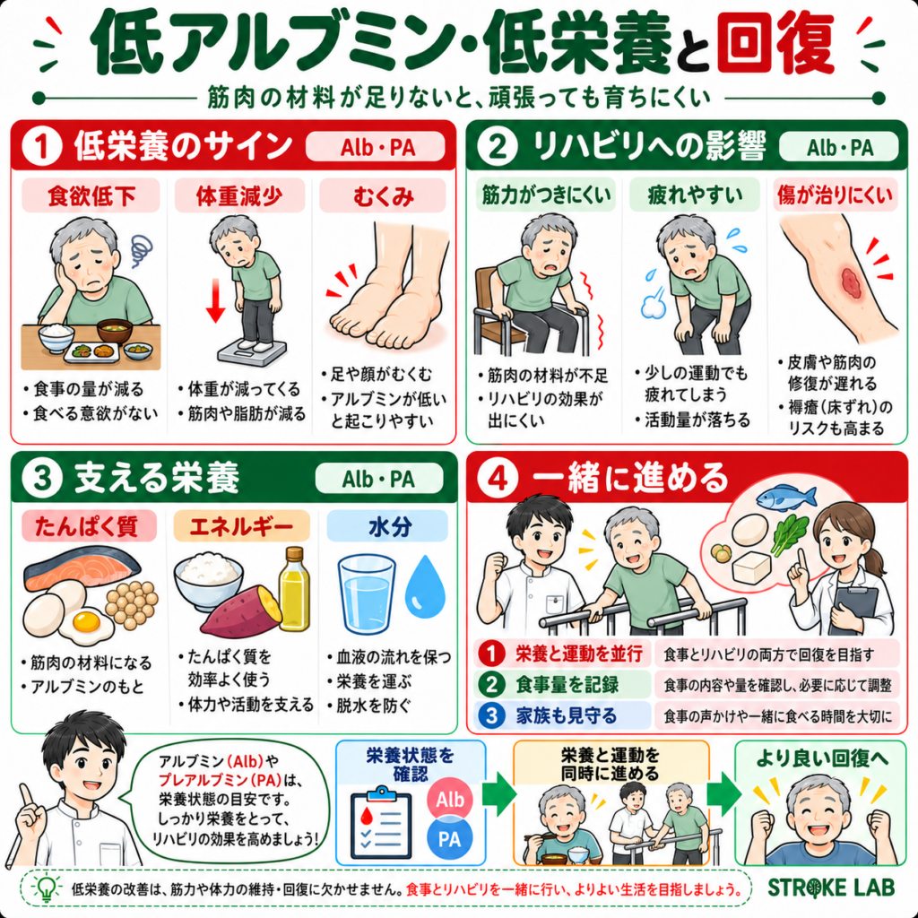 低アルブミンと低栄養が筋力低下や疲労を招きリハビリ回復に影響する仕組み