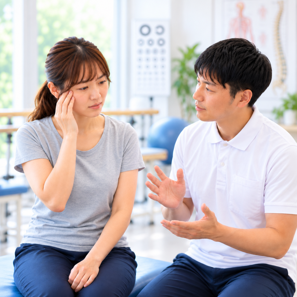 視神経脊髄炎(NMO)の視力低下について療法士に相談する女性