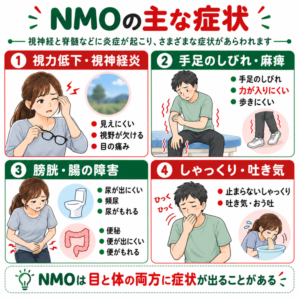 視神経脊髄炎(NMO)の主な症状|視力低下・しびれ・麻痺・排泄障害・しゃっくり