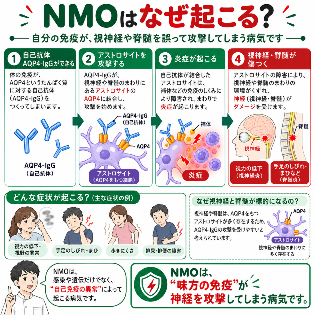視神経脊髄炎(NMO)がAQP4抗体によって起こる仕組みの図解