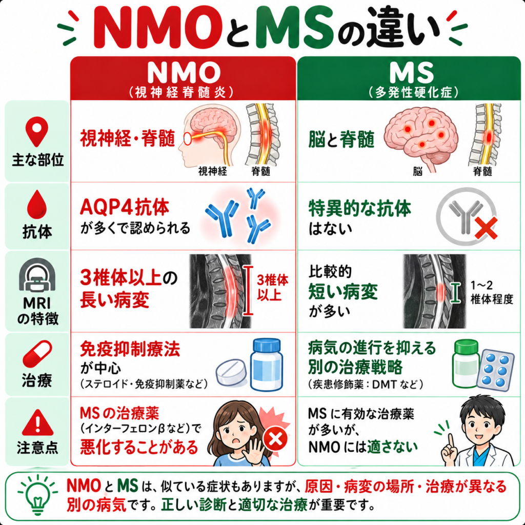 視神経脊髄炎(NMO)と多発性硬化症(MS)の違いを比較した図解