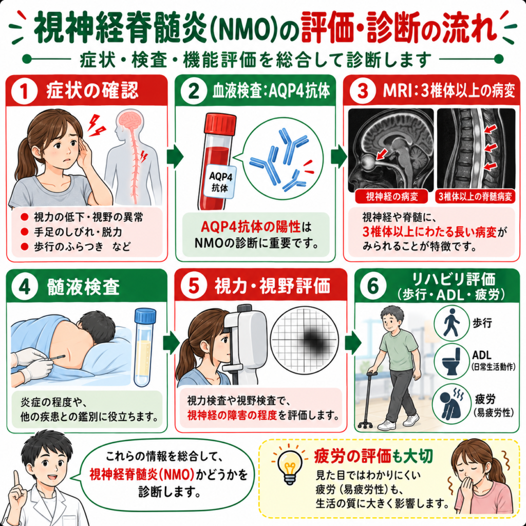 視神経脊髄炎(NMO)の診断方法|AQP4抗体・MRI・髄液検査・リハビリ評価
