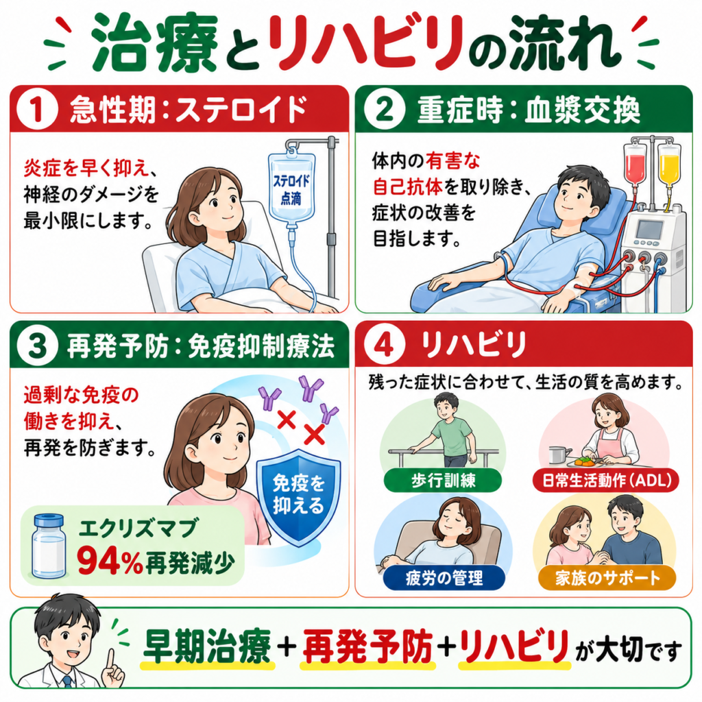 視神経脊髄炎(NMO)の治療とリハビリの流れ|ステロイド・血漿交換・再発予防