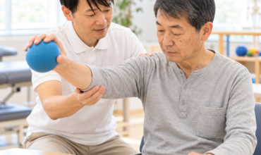 C5頸髄損傷の患者に対して、理学療法士が肩・上肢の運動をサポートしているリハビリ場面