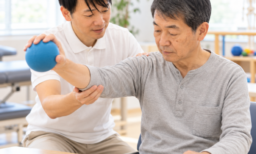 C5頸髄損傷の患者に対して、理学療法士が肩・上肢の運動をサポートしているリハビリ場面