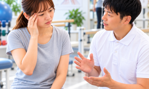 側頭葉損傷による言語・記憶の問題についてセラピストに相談する患者