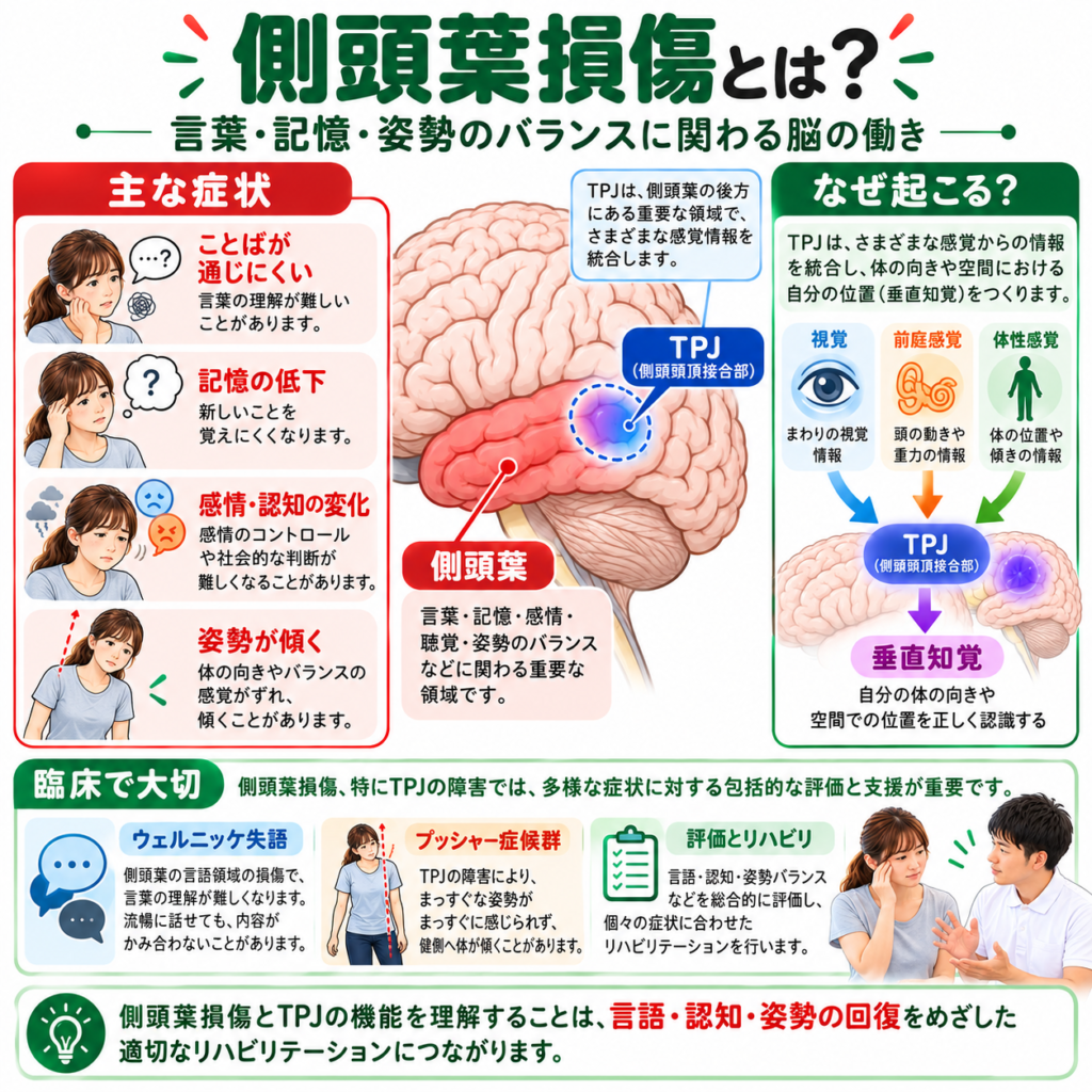 側頭葉損傷の主な症状とTPJによる垂直知覚の仕組みを解説した図
