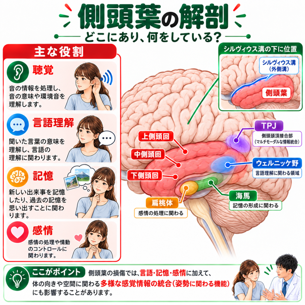 側頭葉の解剖と聴覚・言語理解・記憶・感情・TPJの機能を示した図