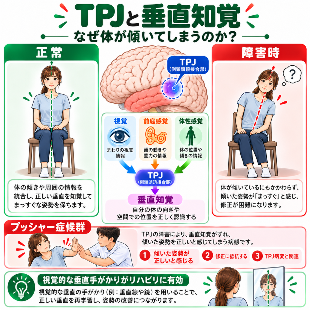 TPJが視覚・前庭感覚・体性感覚を統合して垂直知覚を作る仕組みとプッシャー症候群の図