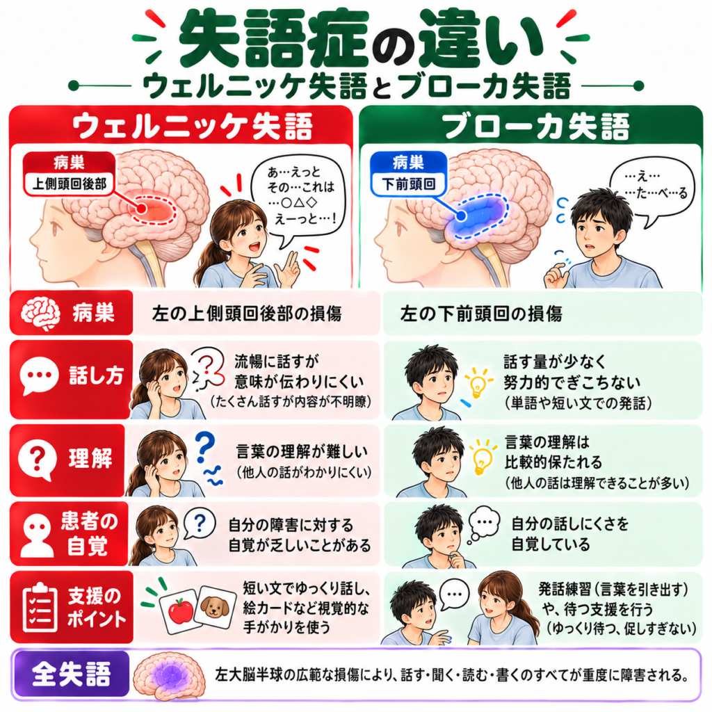 ウェルニッケ失語とブローカ失語の病巣・話し方・理解・支援方法の違いを比較した図