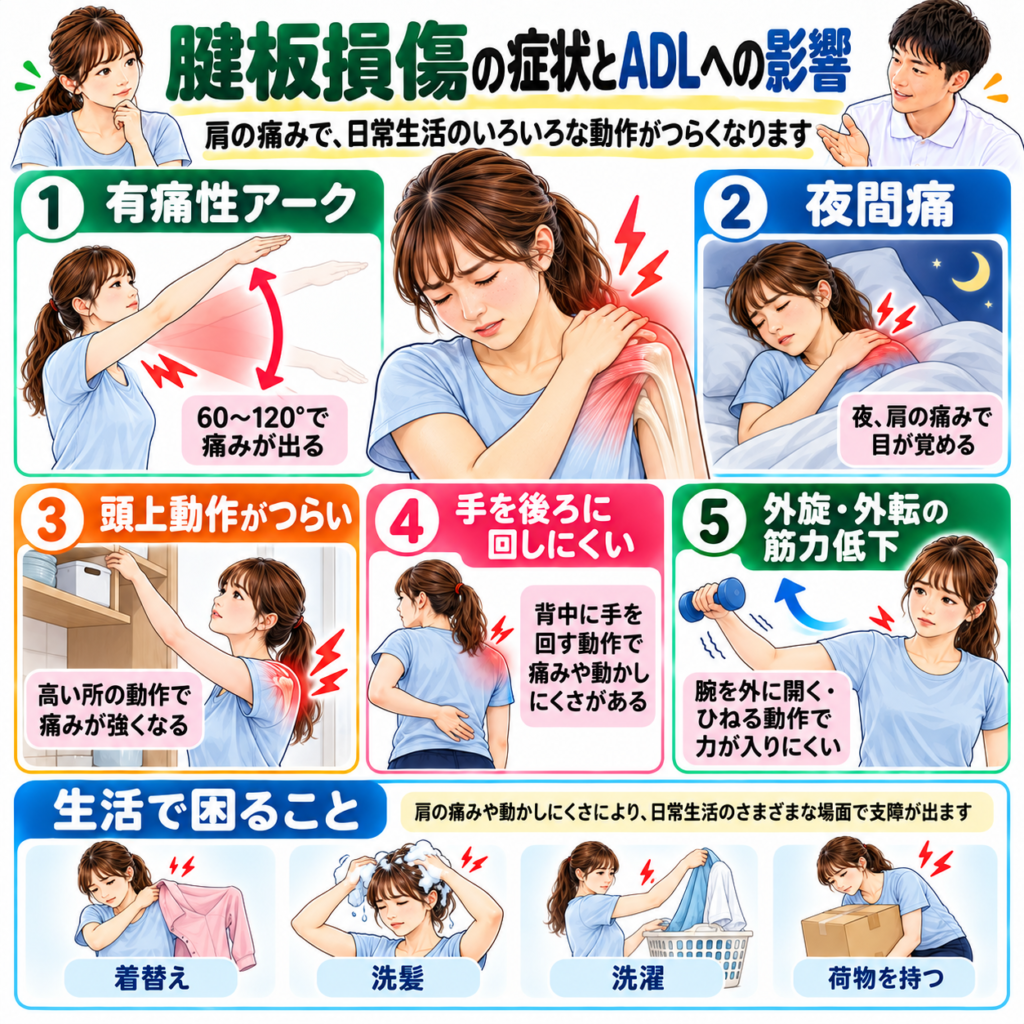 腱板損傷による有痛性アーク・夜間痛・頭上動作困難・筋力低下と日常生活への影響を示す図解