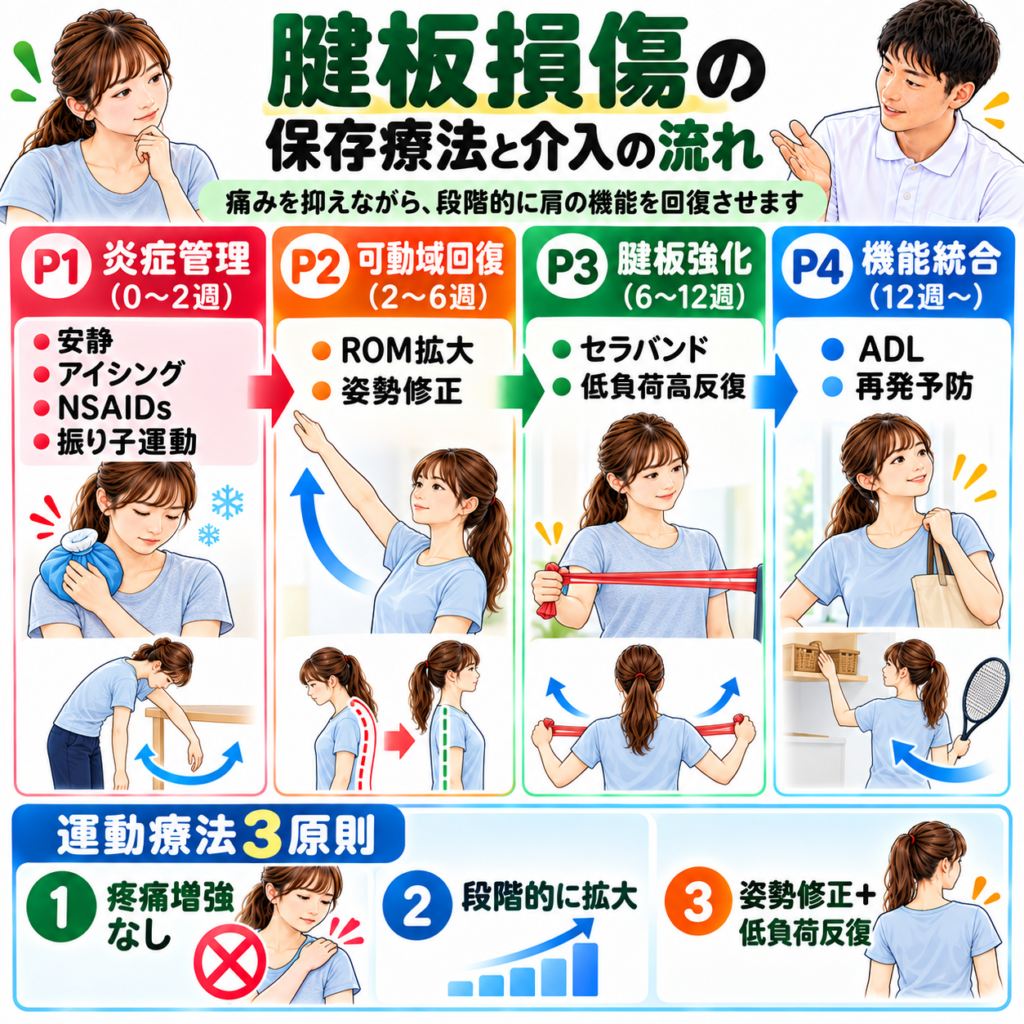 腱板損傷の炎症管理から可動域回復・腱板強化・機能統合までの保存療法を示す図解