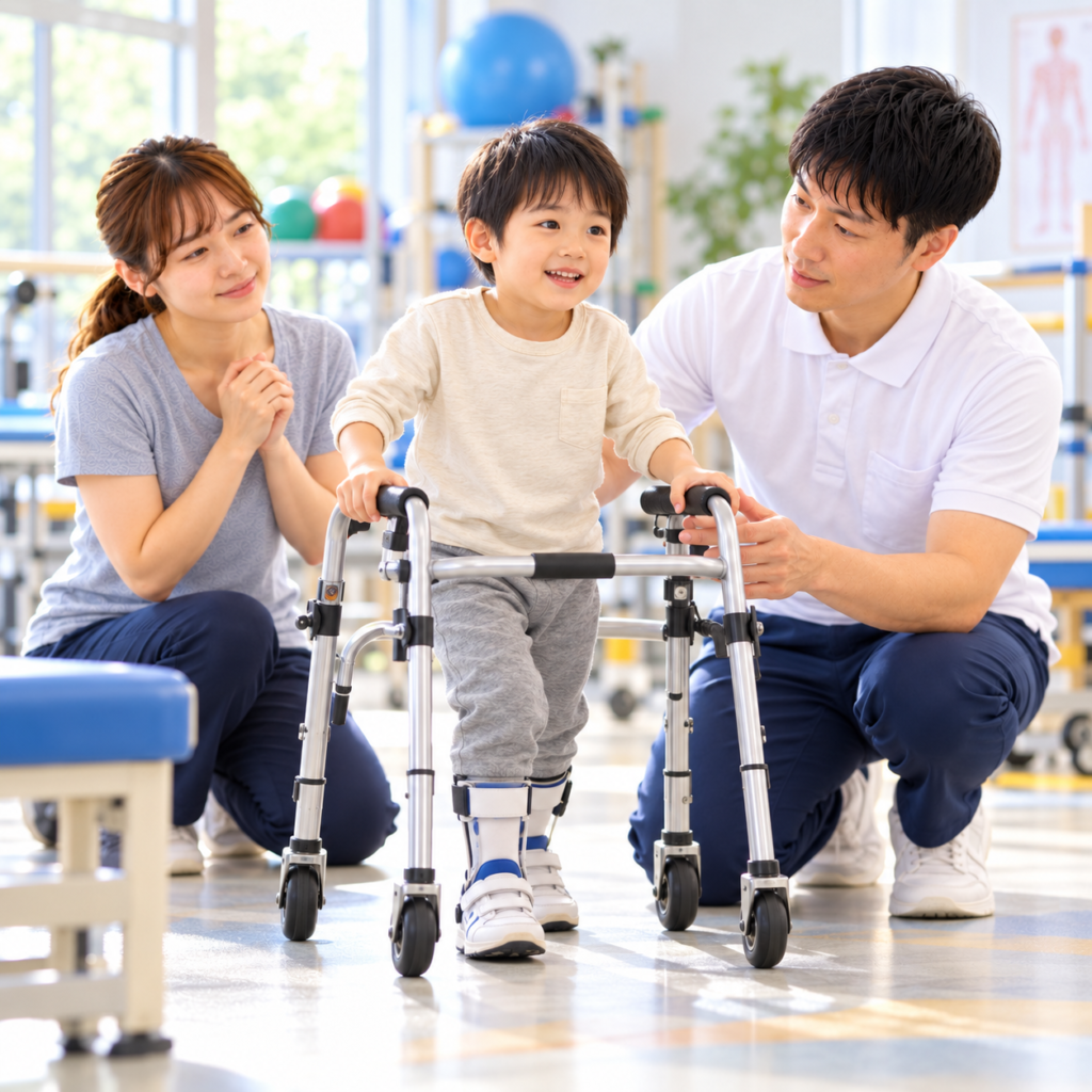 痙性両麻痺の子どもが歩行器を使って理学療法士と歩行練習をする様子