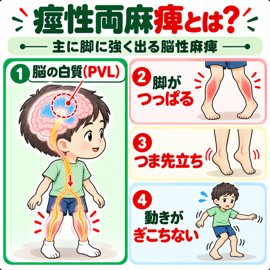 痙性両麻痺でみられるPVLと脚のつっぱり・つま先立ちを示した図解