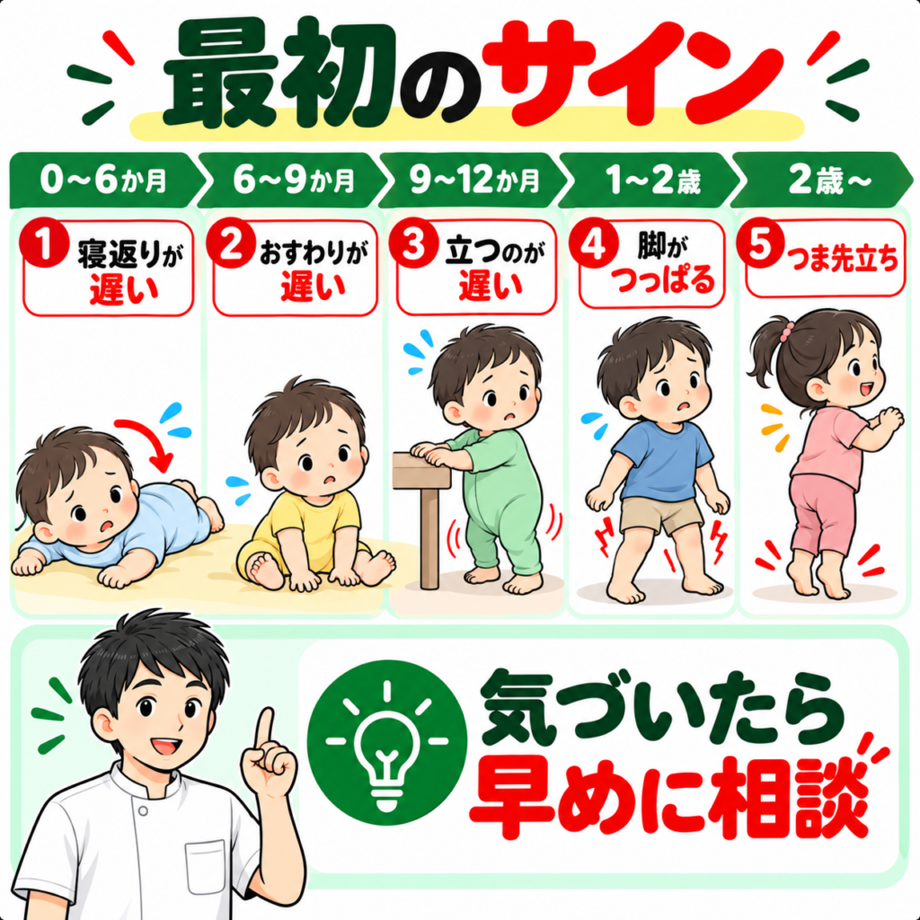 痙性両麻痺の初期症状として寝返り・座位・立位の遅れと脚のつっぱりを示した図解