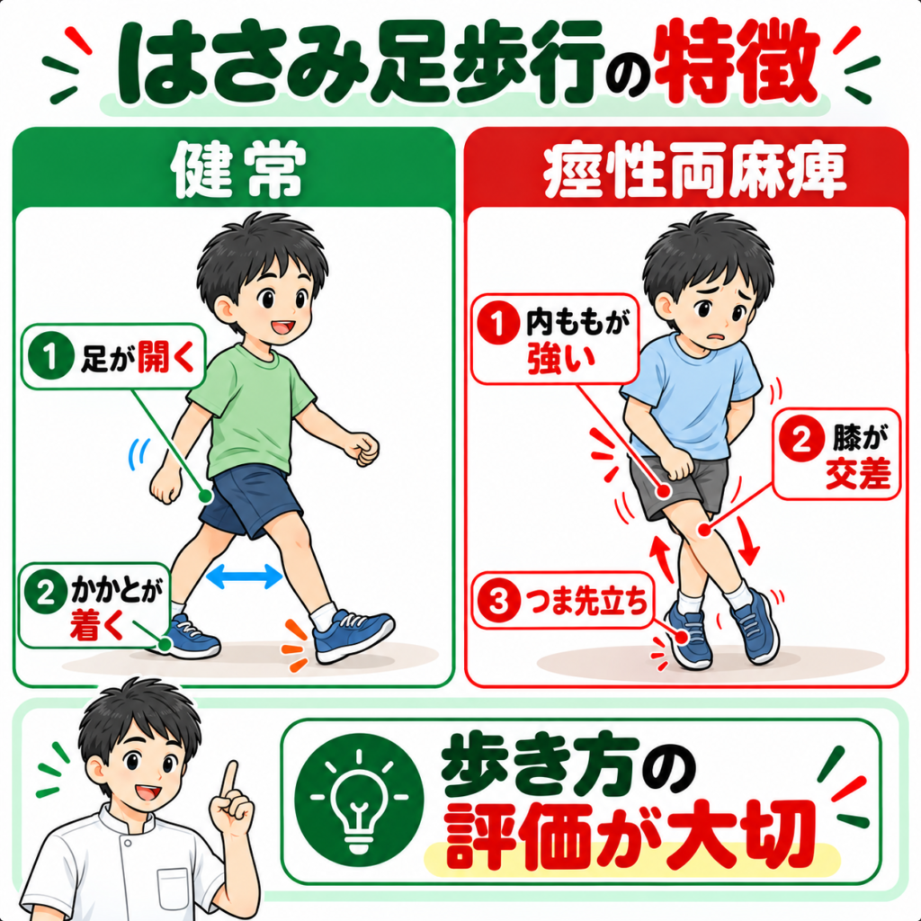 痙性両麻痺のはさみ足歩行と正常歩行の違いを比較した図解
