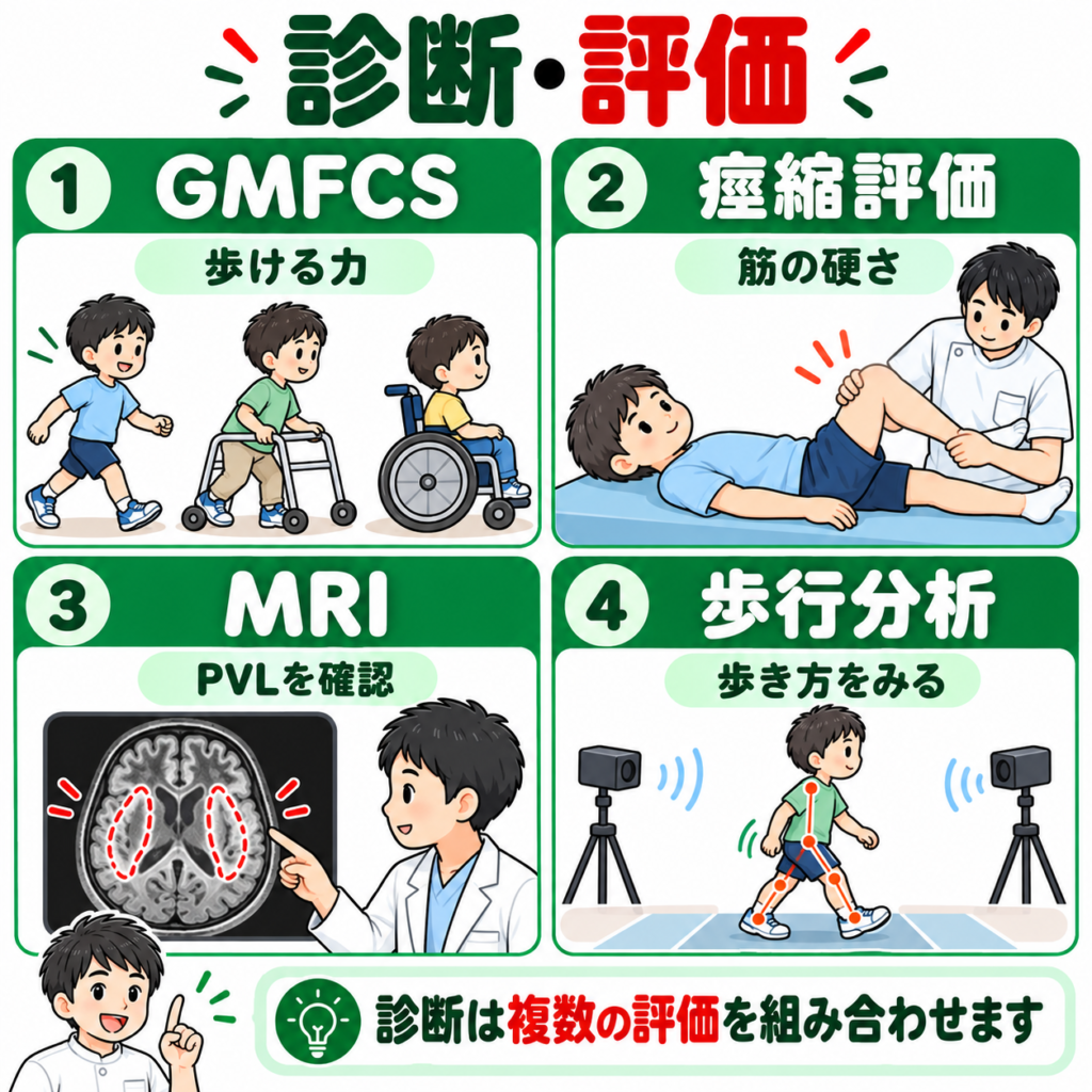 痙性両麻痺のGMFCS・痙縮評価・MRI・歩行分析をまとめた図解