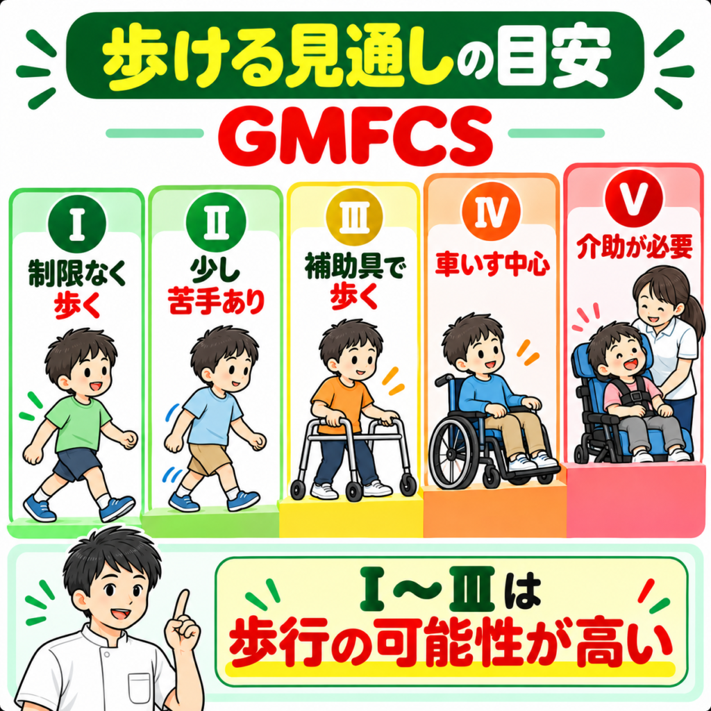 痙性両麻痺のGMFCSレベルIからVと歩行能力の目安を示した図解