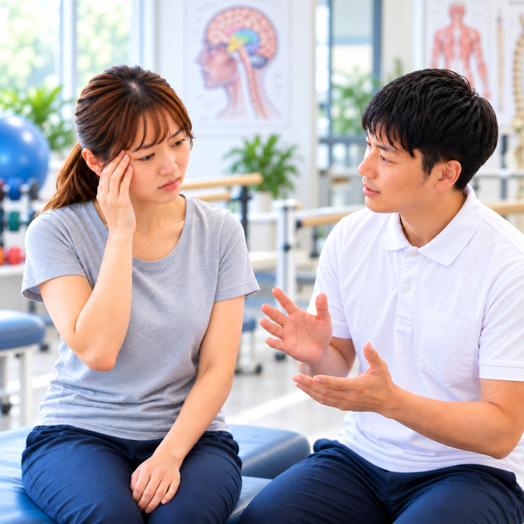 多系統萎縮症によるめまいや体調不良についてリハビリ室で療法士に相談する患者