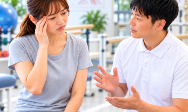 多系統萎縮症によるめまいや体調不良についてリハビリ室で療法士に相談する患者