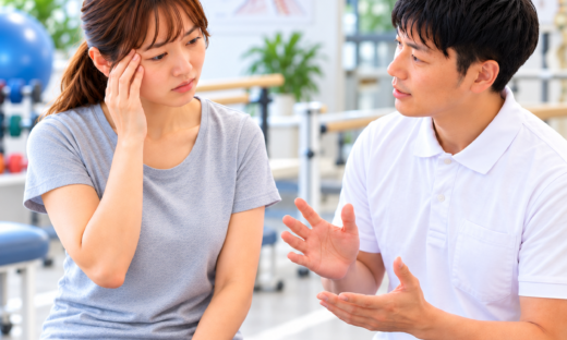 多系統萎縮症によるめまいや体調不良についてリハビリ室で療法士に相談する患者