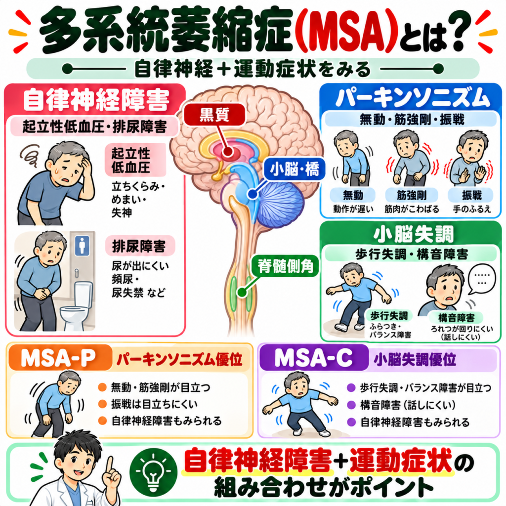 多系統萎縮症MSAの自律神経障害・パーキンソニズム・小脳失調とMSA-P・MSA-Cの違いを示す図解