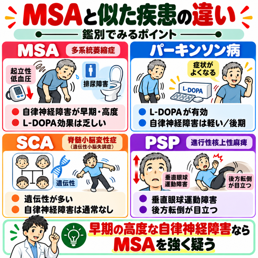 多系統萎縮症MSAとパーキンソン病・脊髄小脳変性症・進行性核上性麻痺の鑑別ポイントを比較した図解
