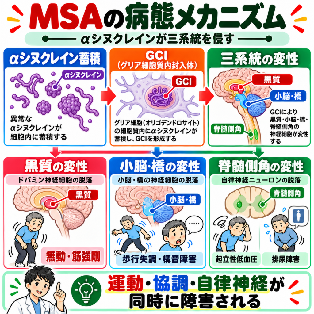 多系統萎縮症でαシヌクレインとGCIが黒質・小脳橋・脊髄側角に影響する病態メカニズムの図解