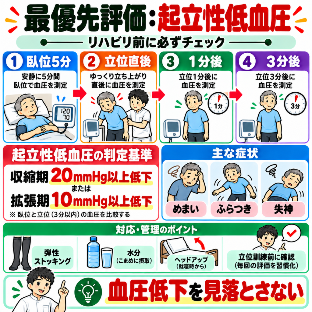 多系統萎縮症の起立性低血圧を臥位から立位3分まで血圧測定して評価する手順と判定基準の図解