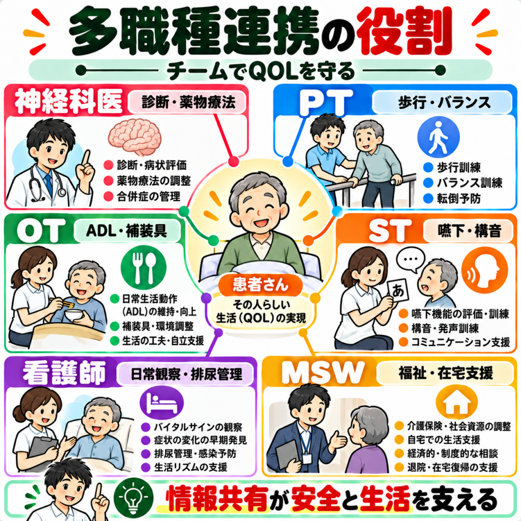 多系統萎縮症を支える神経科医・PT・OT・ST・看護師・MSWの多職種連携と役割を示す図解