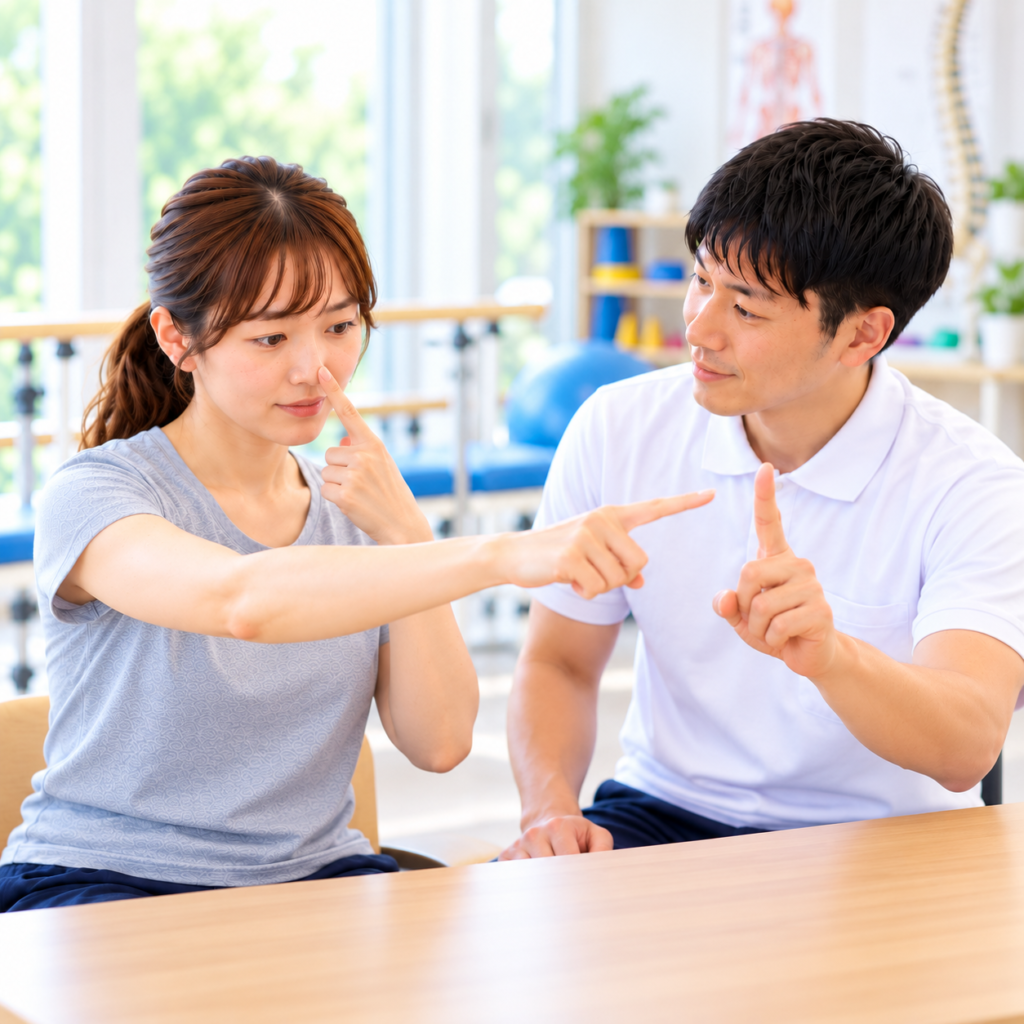 小脳損傷患者に対して指鼻試験で上肢の協調性を評価する理学療法士