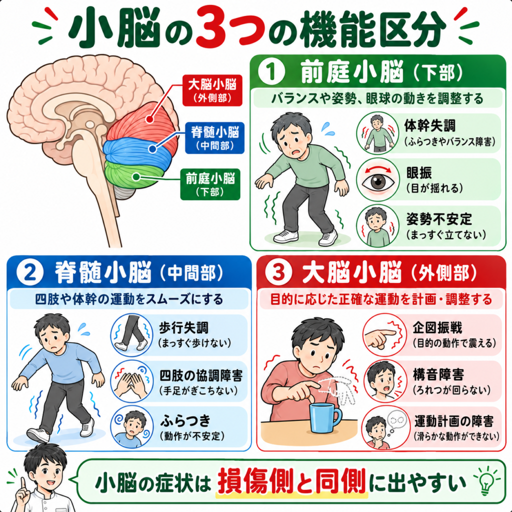 前庭小脳・脊髄小脳・大脳小脳の役割と小脳損傷時の症状を示した図解