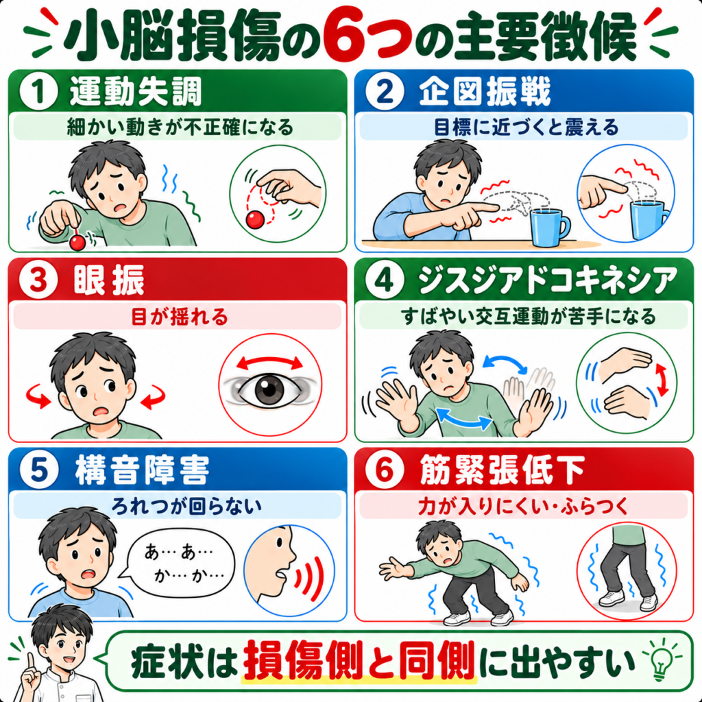 運動失調・企図振戦・眼振・ジスジアドコキネシア・構音障害・筋緊張低下の図解