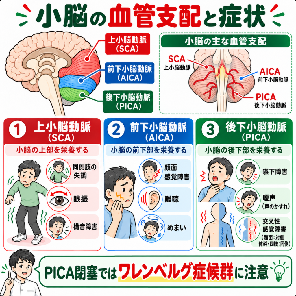 SCA・AICA・PICAの小脳血管支配と閉塞時に生じる代表的症状の図解