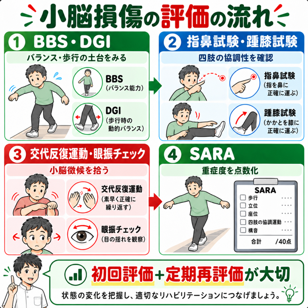 BBS・DGI・指鼻試験・踵膝試験・SARAを用いた小脳損傷の評価手順の図解